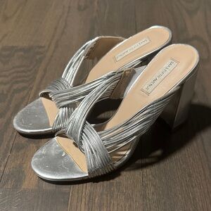 Saks Fifth Avenue Silver Braided Strap Block Heel Mules
